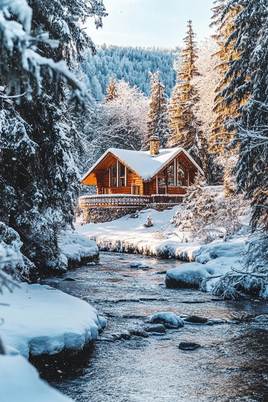 forest chalet by a river in winter with stunning snowed in forest during sunset 2