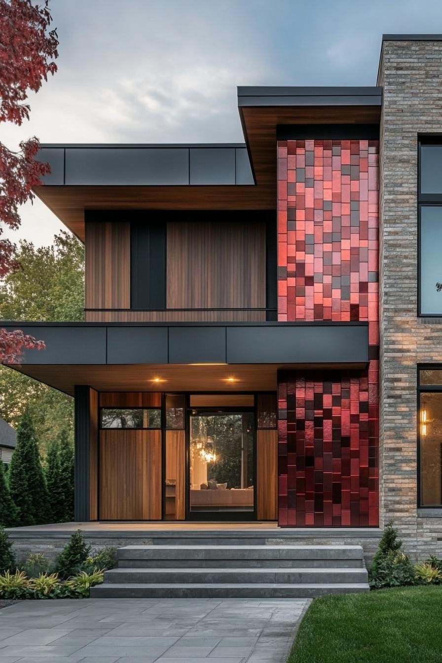 modern house geometric facade with brick and wooden facade with shimmering multi shade red metal tiles accent wall 3