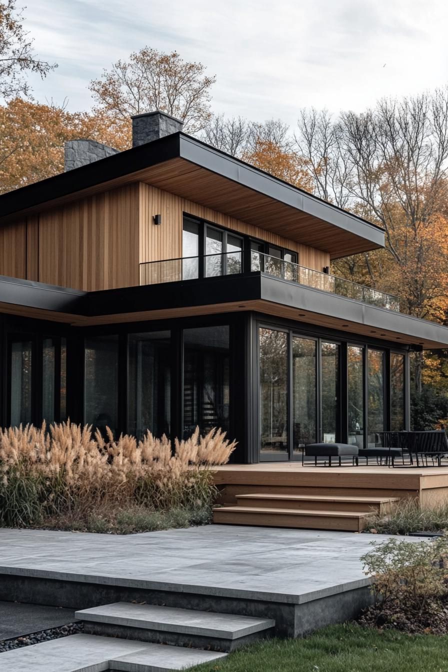 contemporary house exterior with natural wood siding black saltbox roof large modern windows in black trim raised deck with black metal railings 2