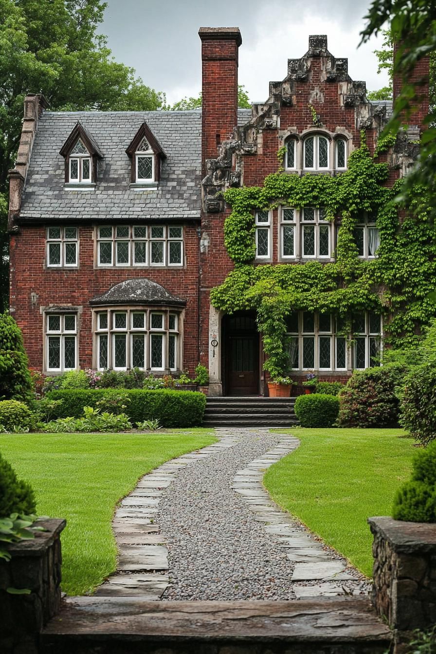 English dark red brick manor with white windows grey stone shingle roof facade with vines gravel and lawn front yard