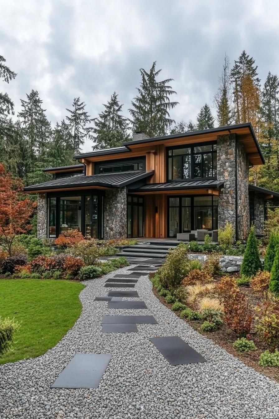 contemporary house exterior with stone mosaic and natural wood siding exposed beams multi pitch roof black metal roof large modern windows front 2