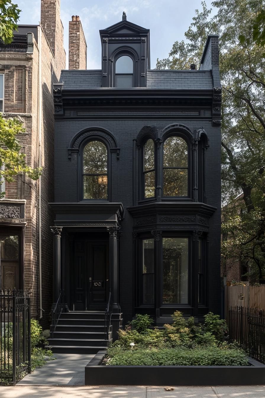 Black brick house with large arched windows and lush front garden