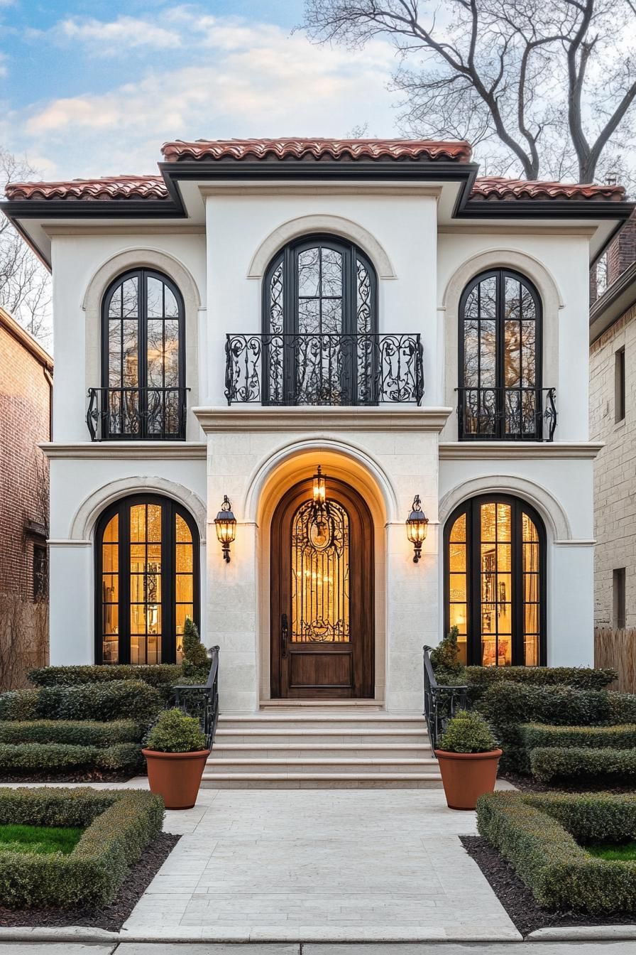 Elegant Spanish villa with arched windows and intricate ironwork