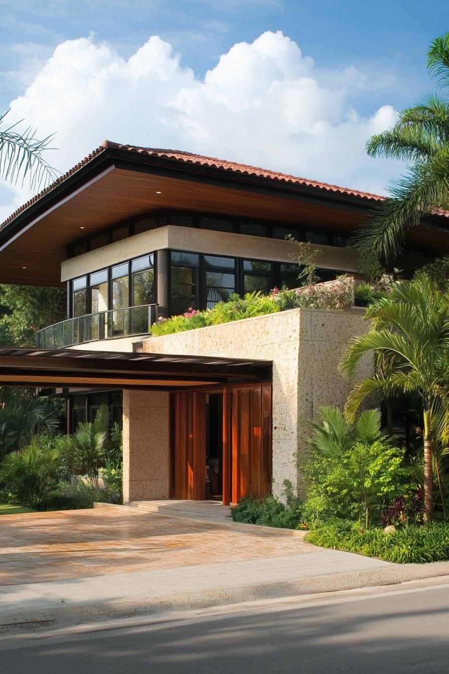 Modern tropical house exterior with lush greenery