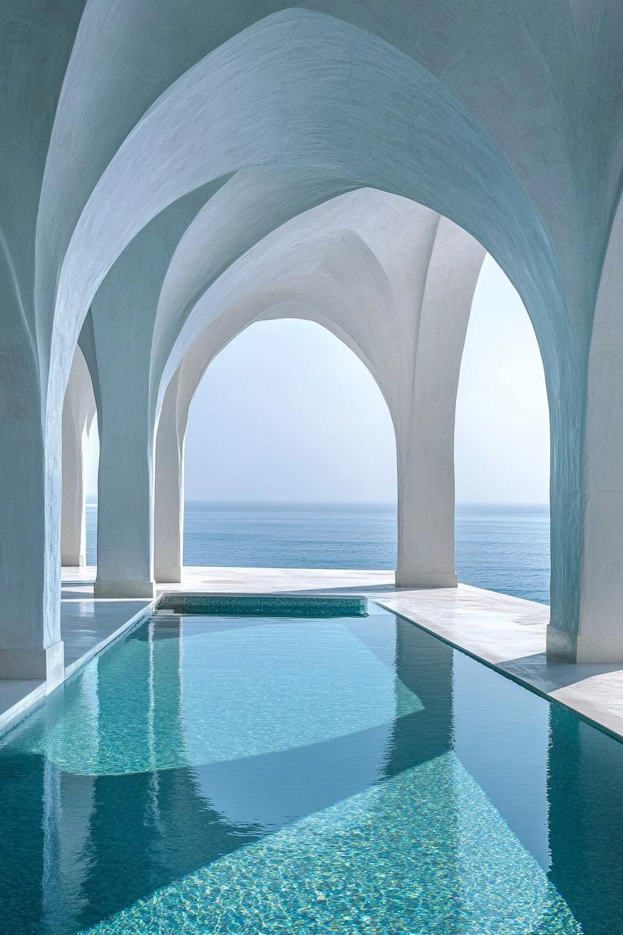 oceanside pool with tall white marble arches stunning sea view dreamscape