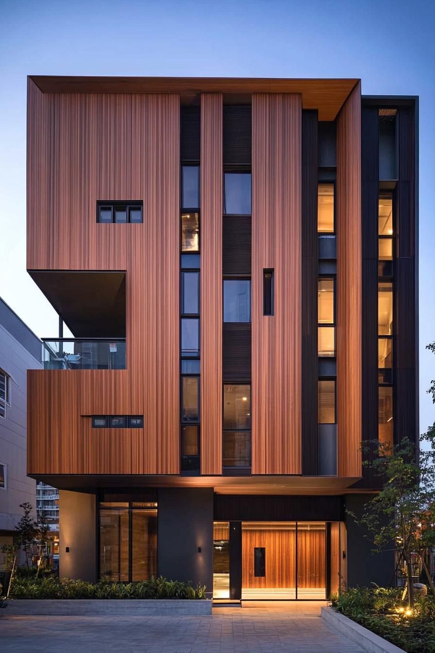 Contemporary building facade with vertical wooden panels