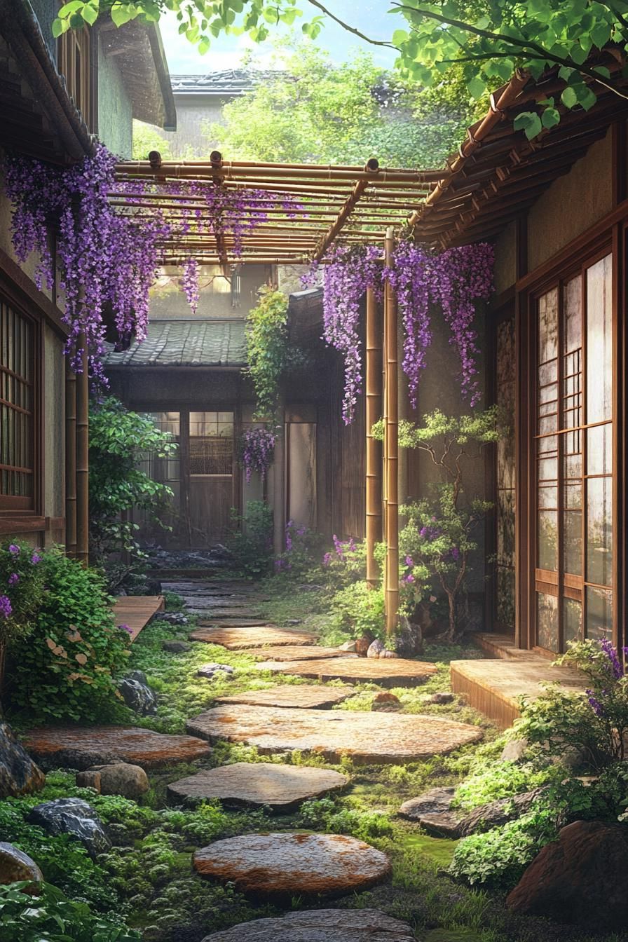 Japanese courtyard featuring stone path and hanging wisteria