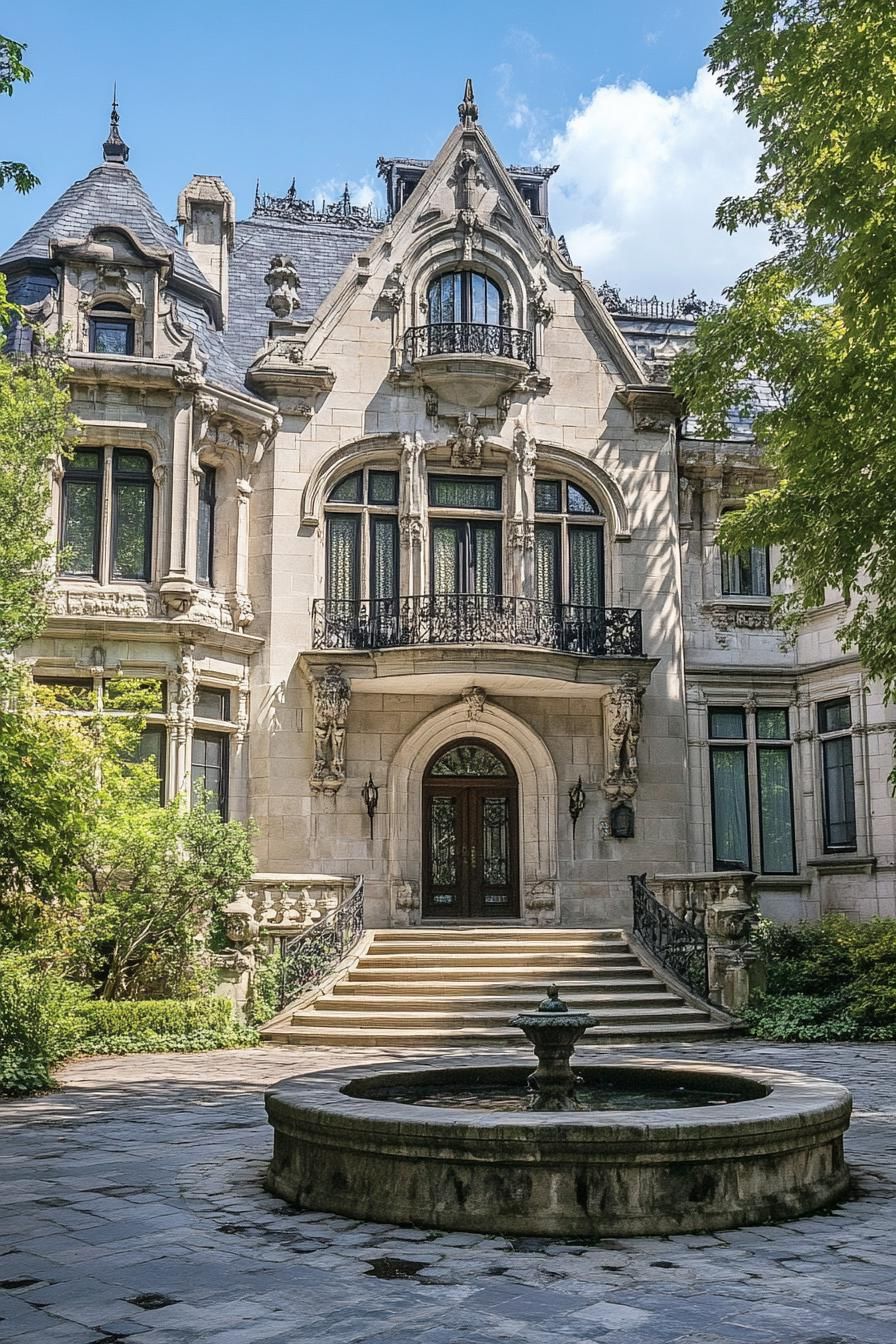 Ornate stone mansion with statue adornments and a central fountain