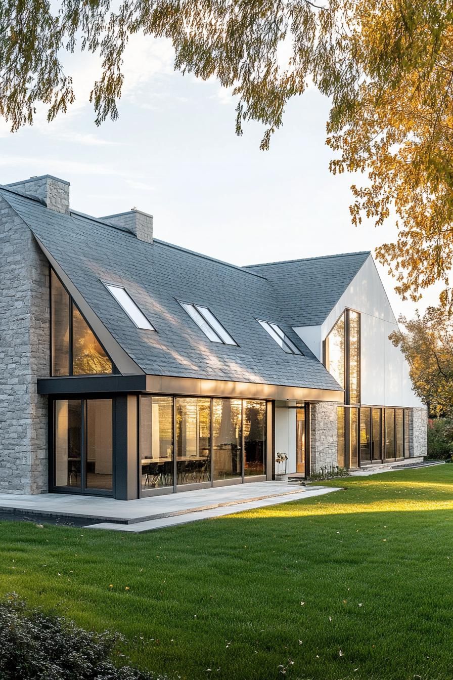 Modern long house with large windows and stone walls