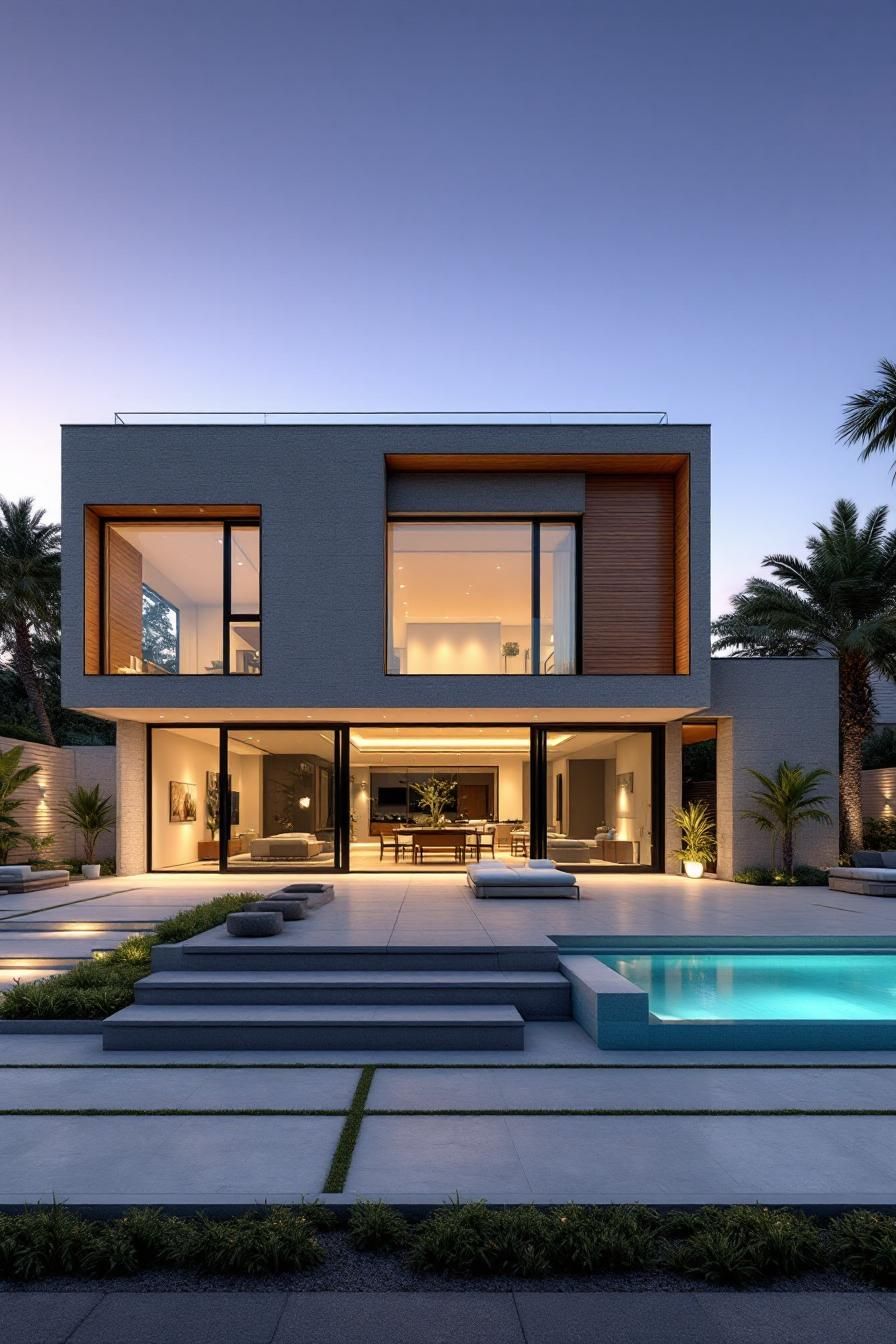 Modern house with large windows, a pristine pool, and cozy lighting