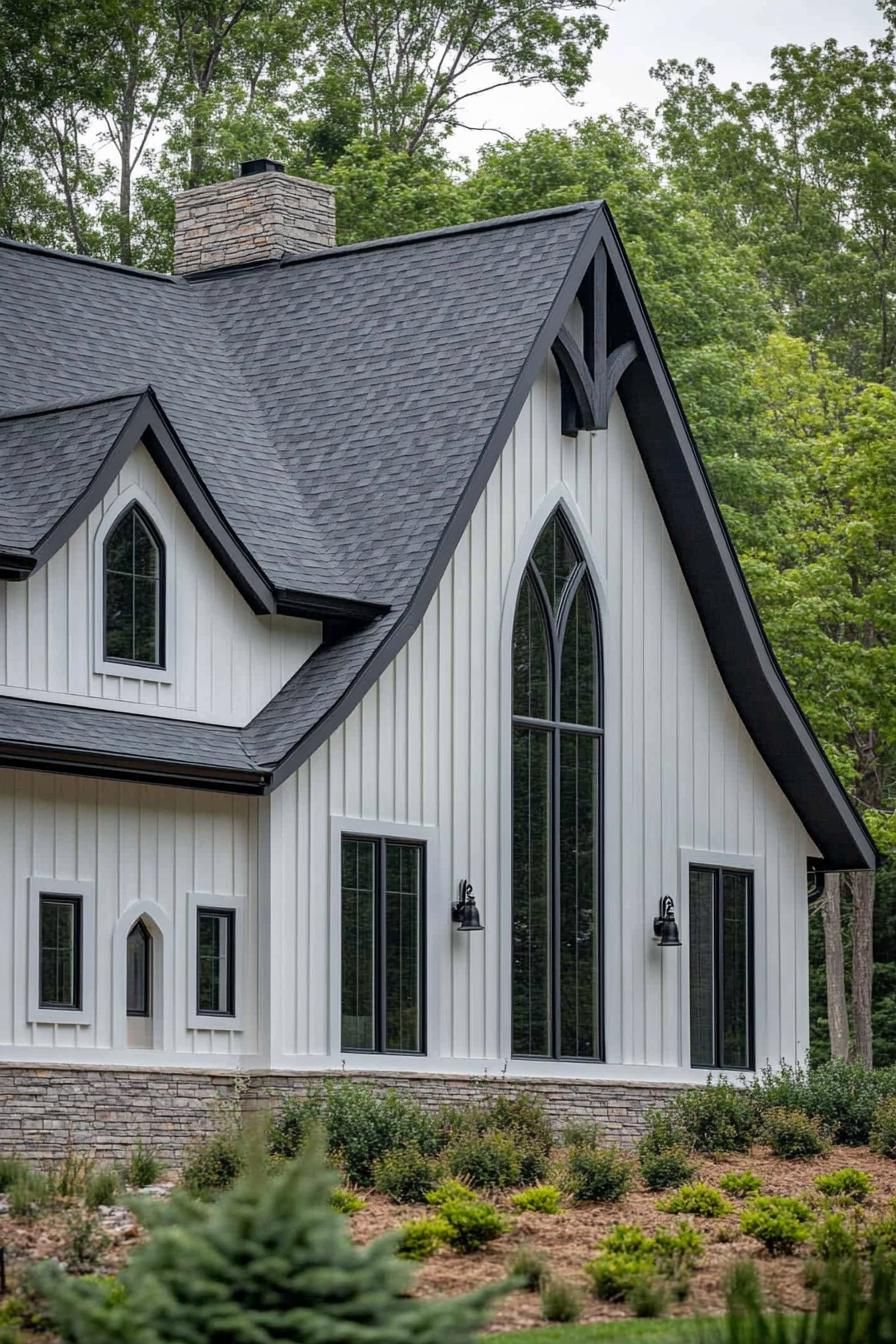 White Gothic-style house with tall windows set in a lush green landscape