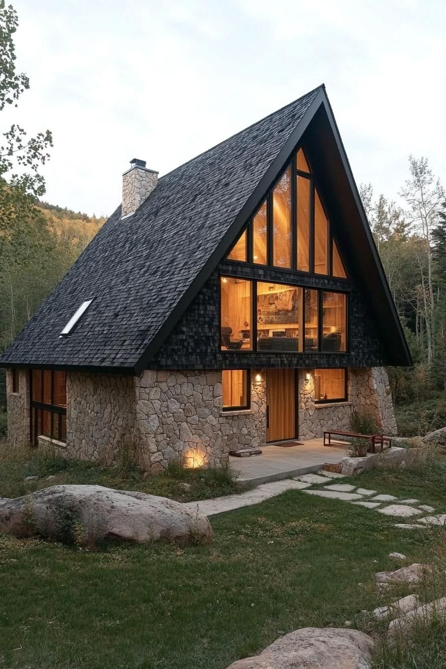 A-frame cabin with large glass windows and stone base