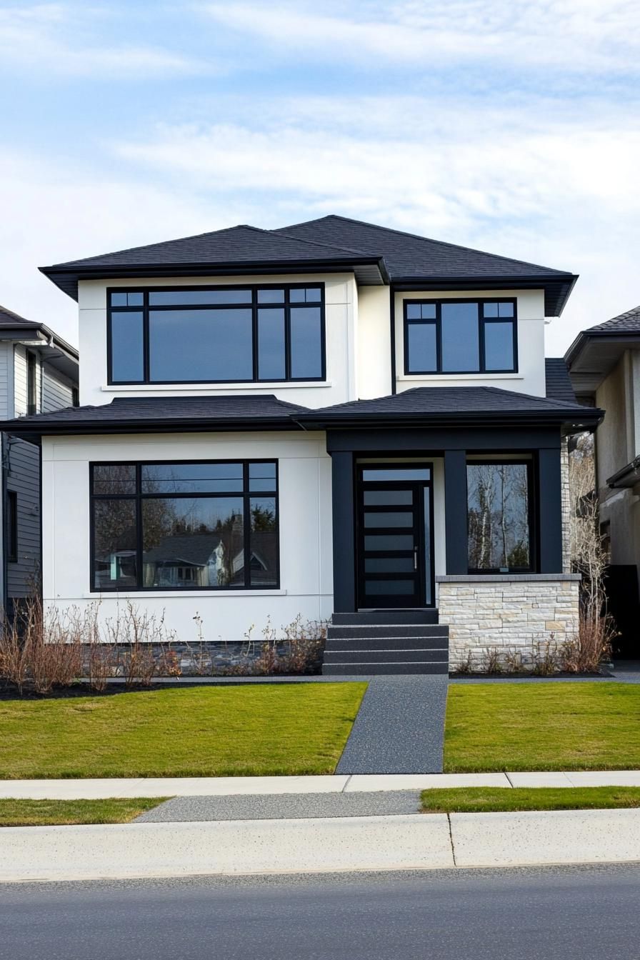 Modern two-story house with a stark black-and-white facade