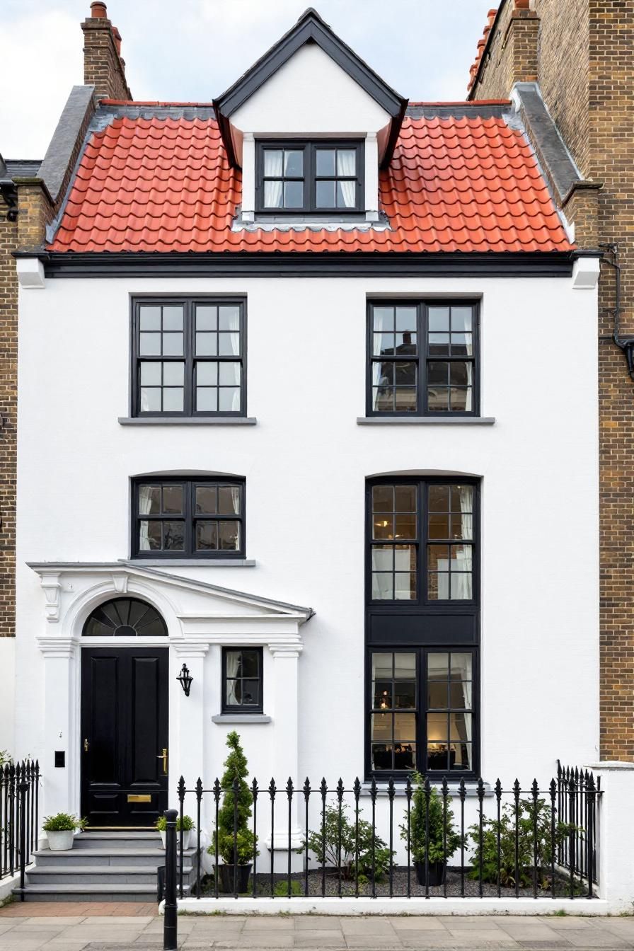 White townhome with red roof and black accents