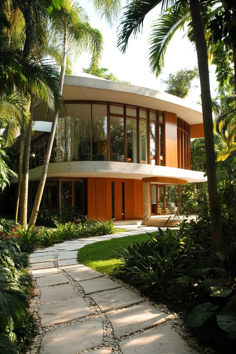 Tropical house with large glass windows surrounded by lush greenery