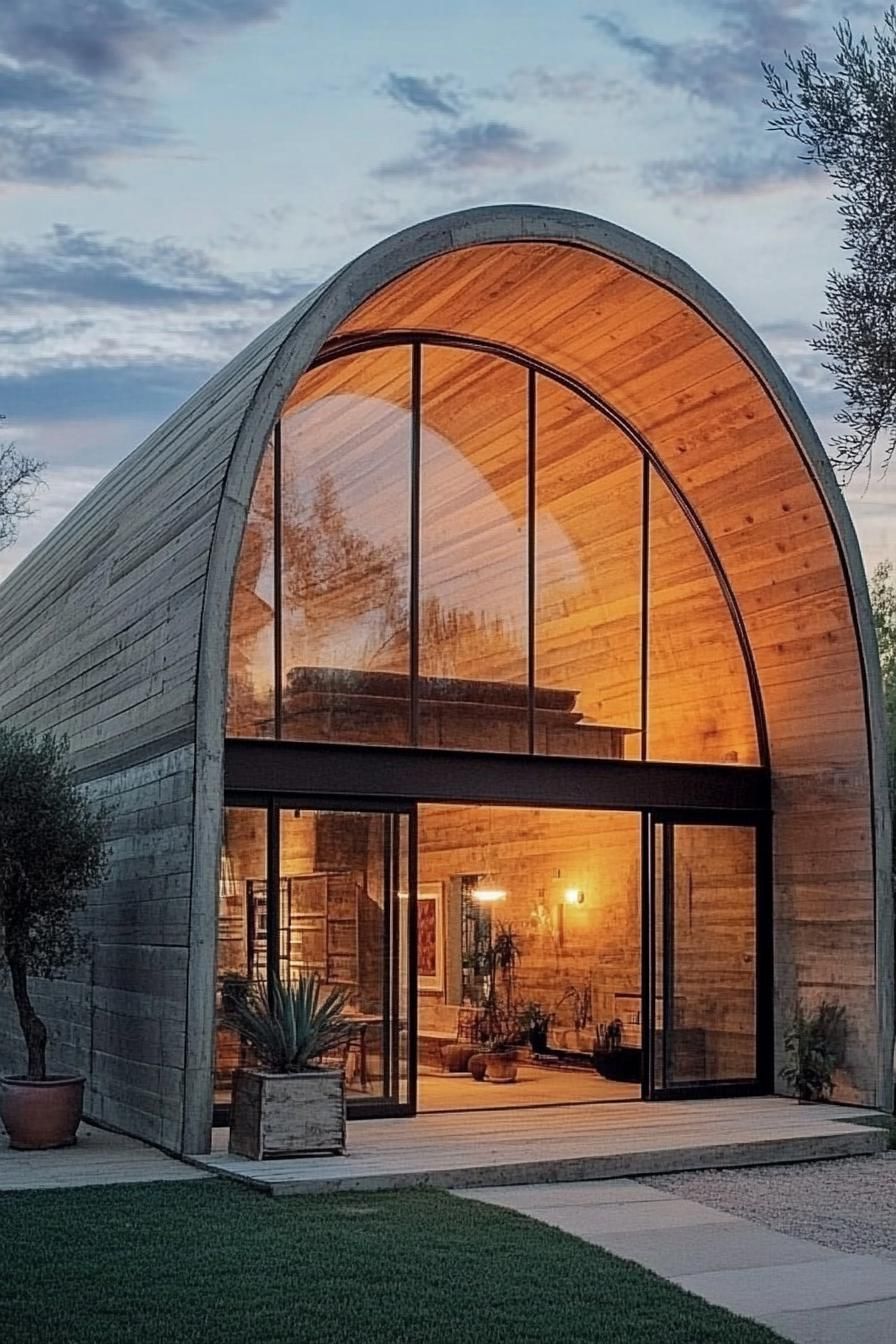 arch house with reclaimed wood siding full glass front 1