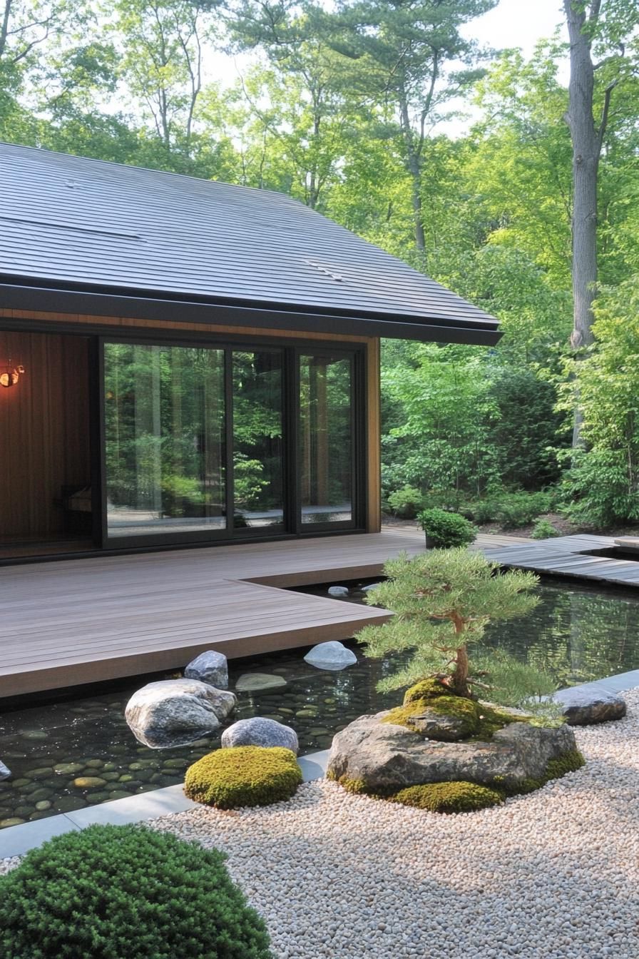 Peaceful garden with a wooden deck and pond