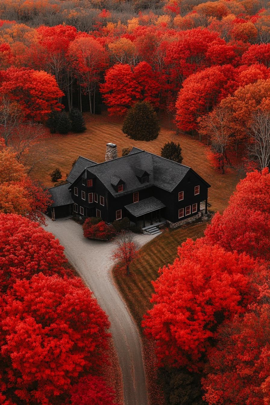 Large dark house surrounded by vivid autumn trees