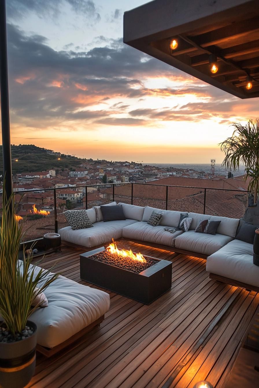 rooftop terrace with wooden deck metal railings modern cushioned furntiure and metal gas firepit some potted plants town view during sunset 3