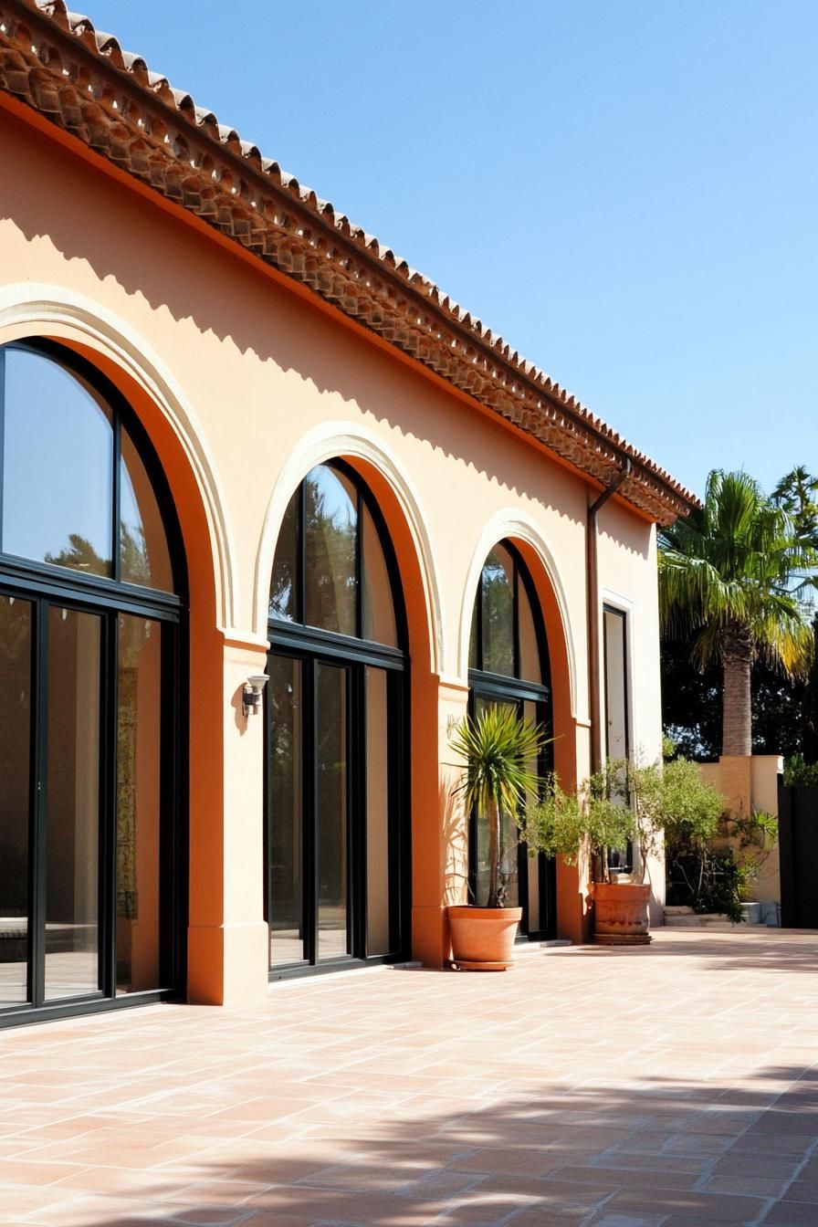 Sunny terrace with tall arched windows and potted plants