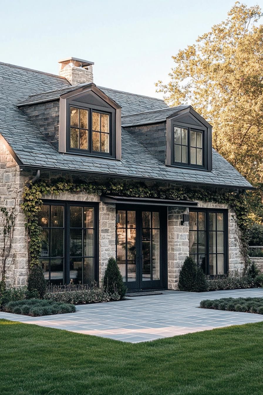 modern countryside cottage with stone mosaic facade grey stone tile roof with gables facade with vines modern windows and doors paved front yard 3