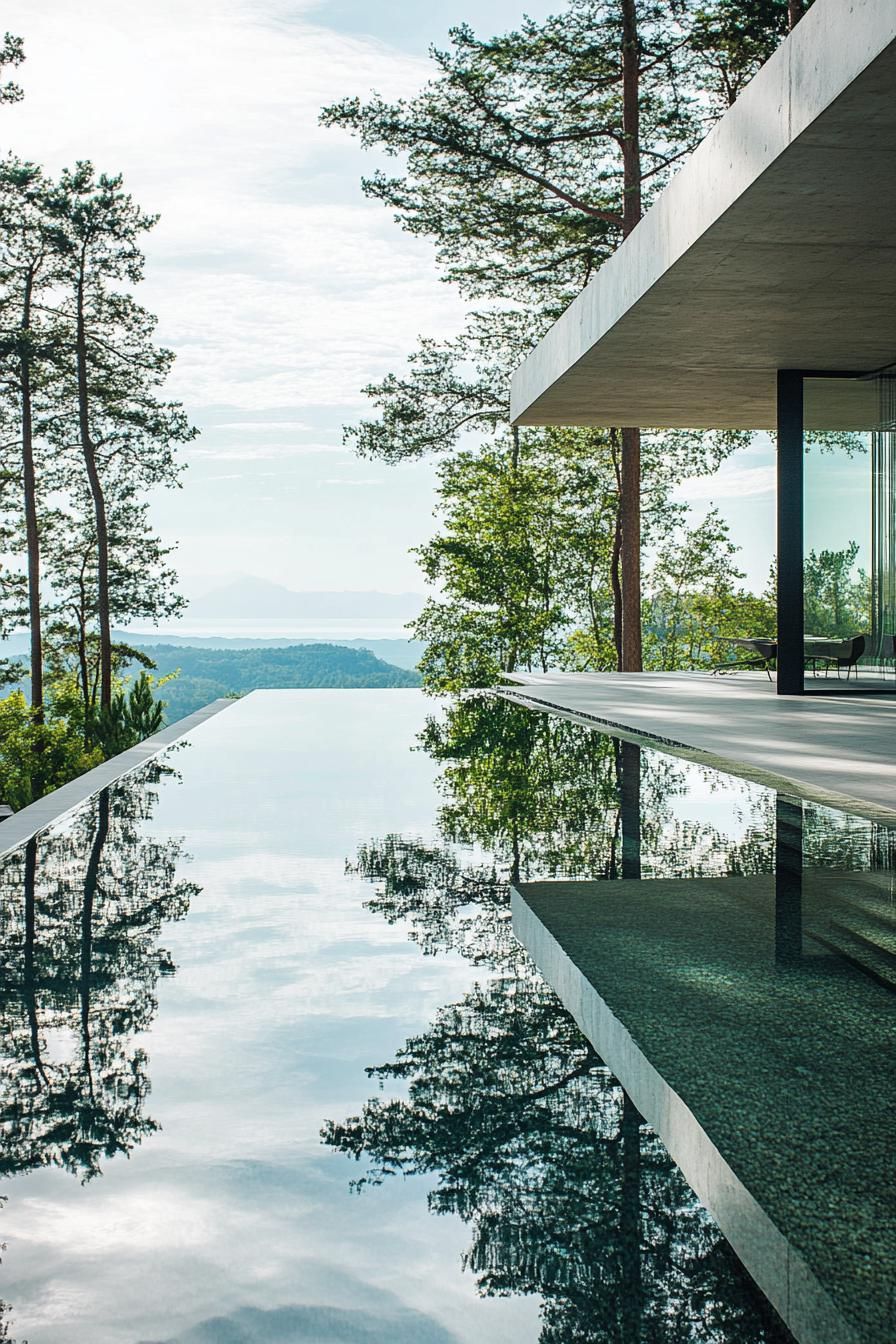 Modern villa by a reflective infinity pool amidst tall trees