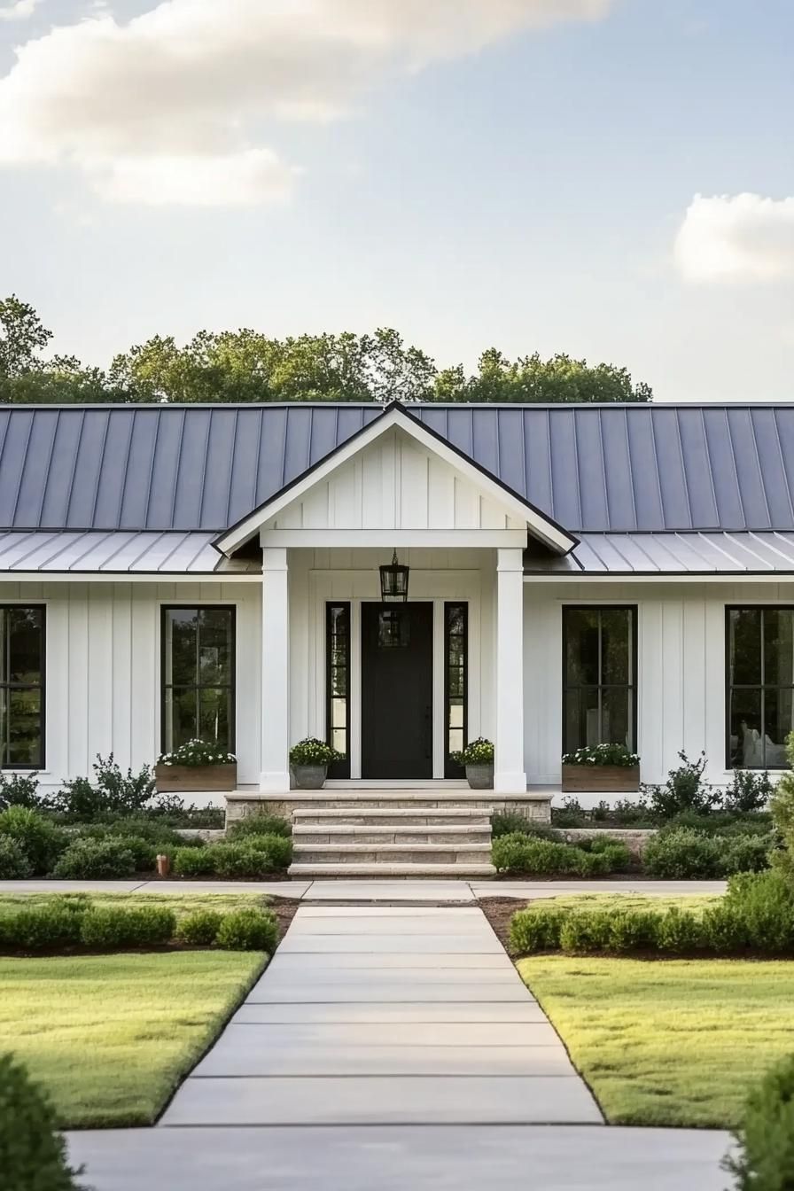 One-story home with a black metal roof and white siding