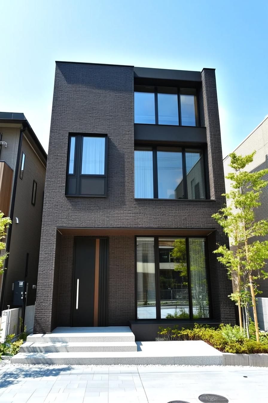 Modern dark brick townhouse with large windows and minimal landscaping