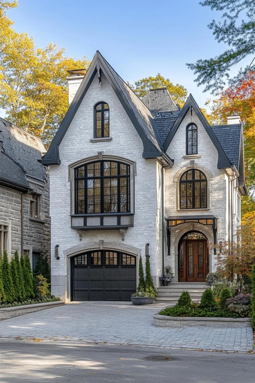 Modern Tudor house with arched windows and brick facade