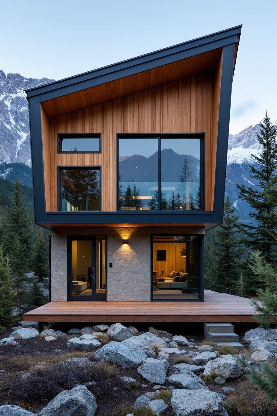 Tall wooden cabin with large windows amidst a rocky landscape