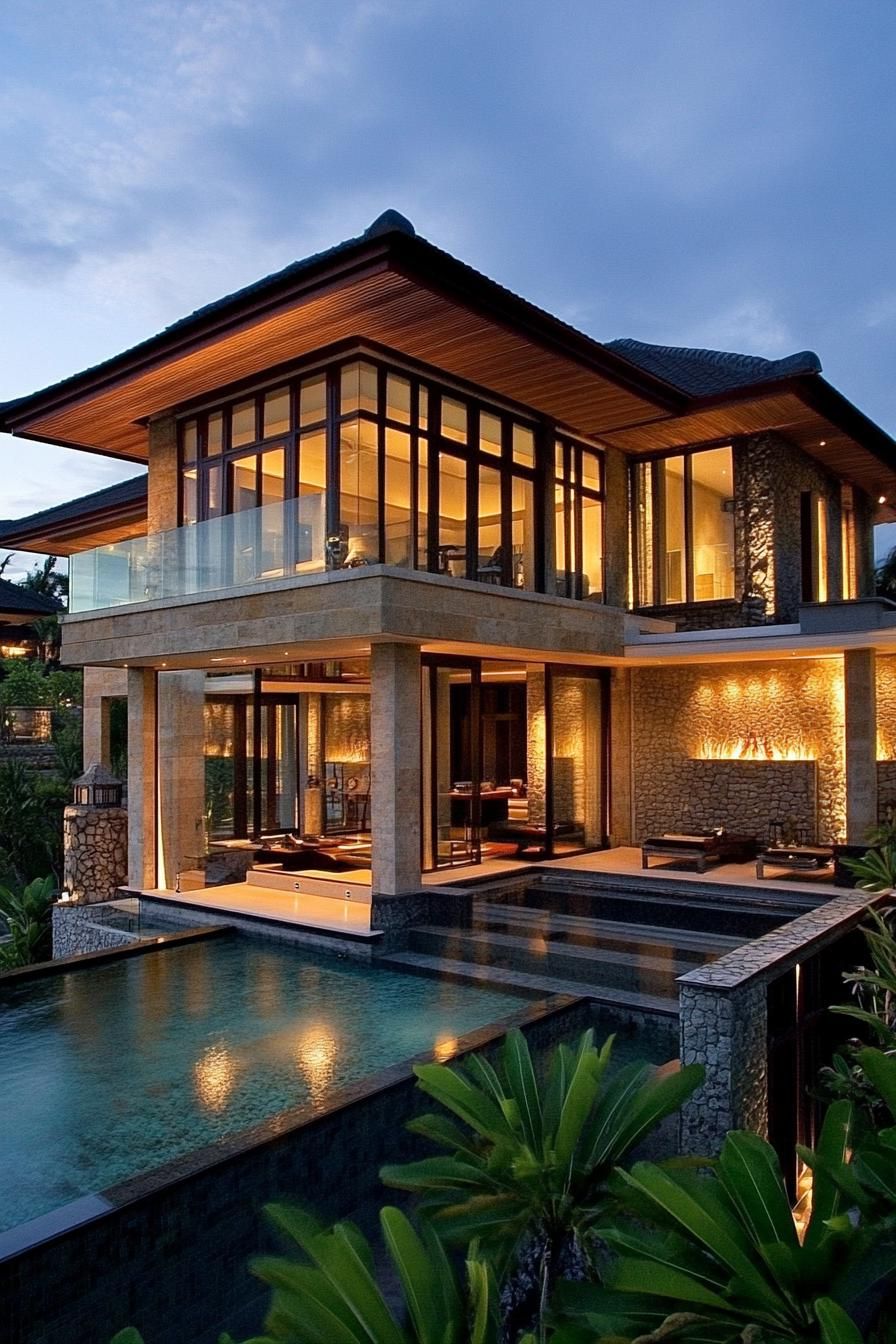 Luxurious Balinese house overlooking a serene pool at dusk