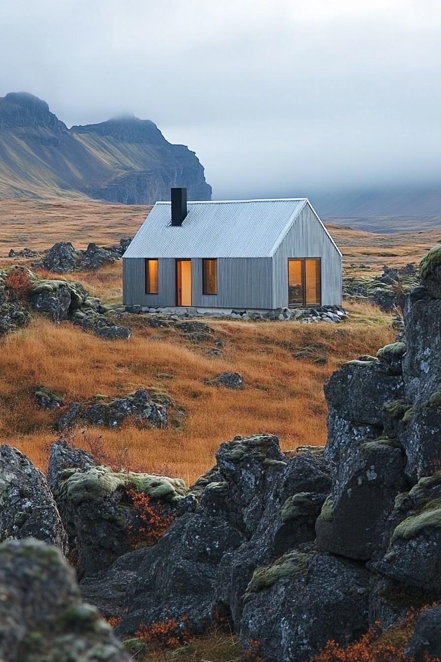 Small metal cabin surrounded by rocky terrain and misty mountains