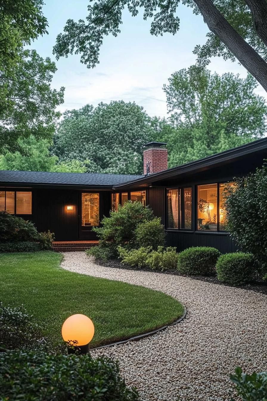 modern l shaped black bungalow ranch house with gravel courtyard with shrubs and lawn 1