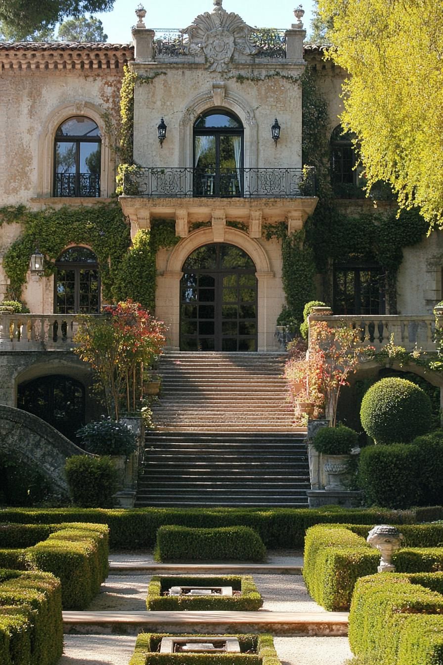 french manor with arched doorways facade with detailing and vines high steps with balustrade railings lead to the manor below is a large garden