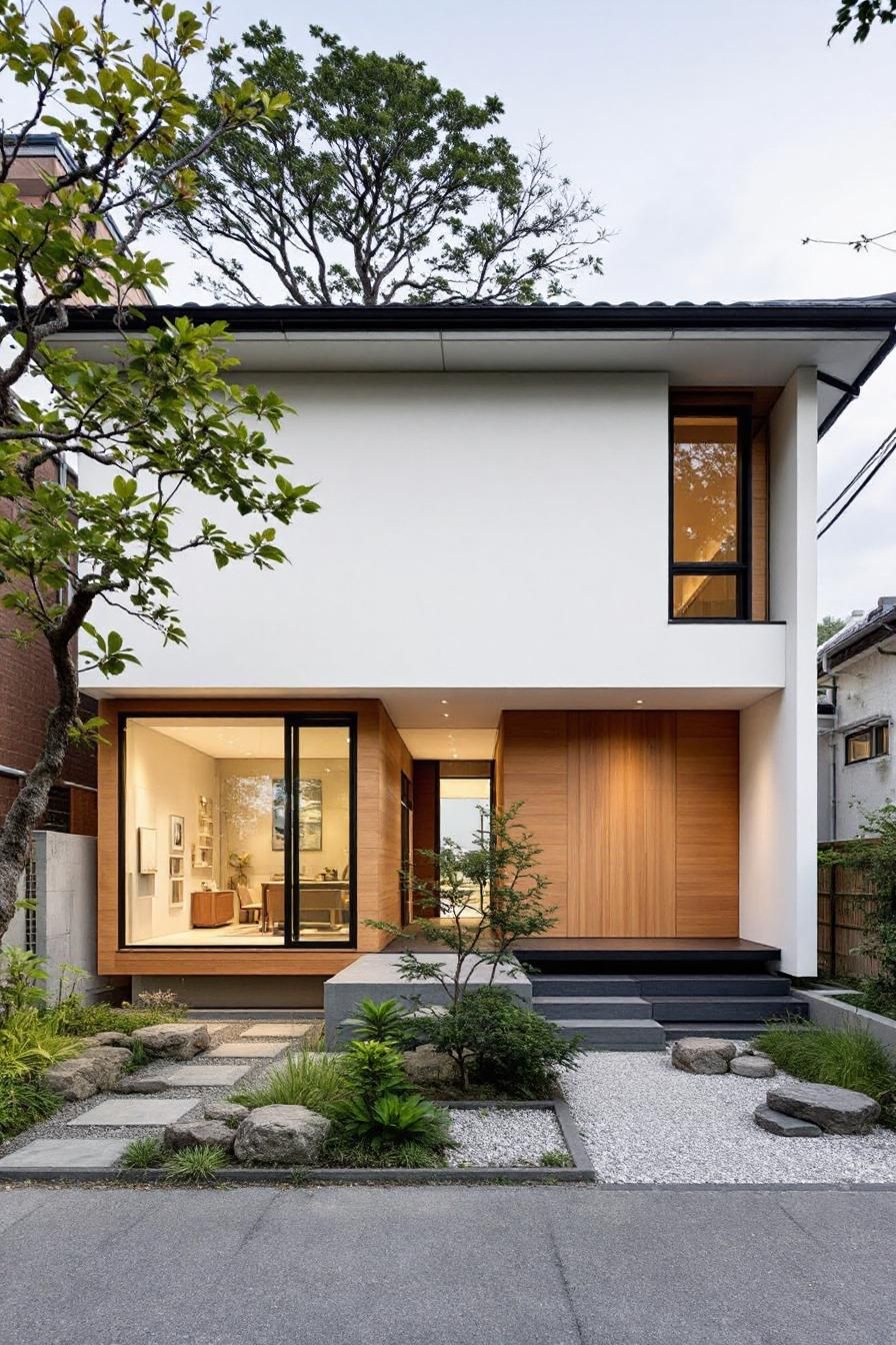 Modern minimalist house with greenery and sliding windows