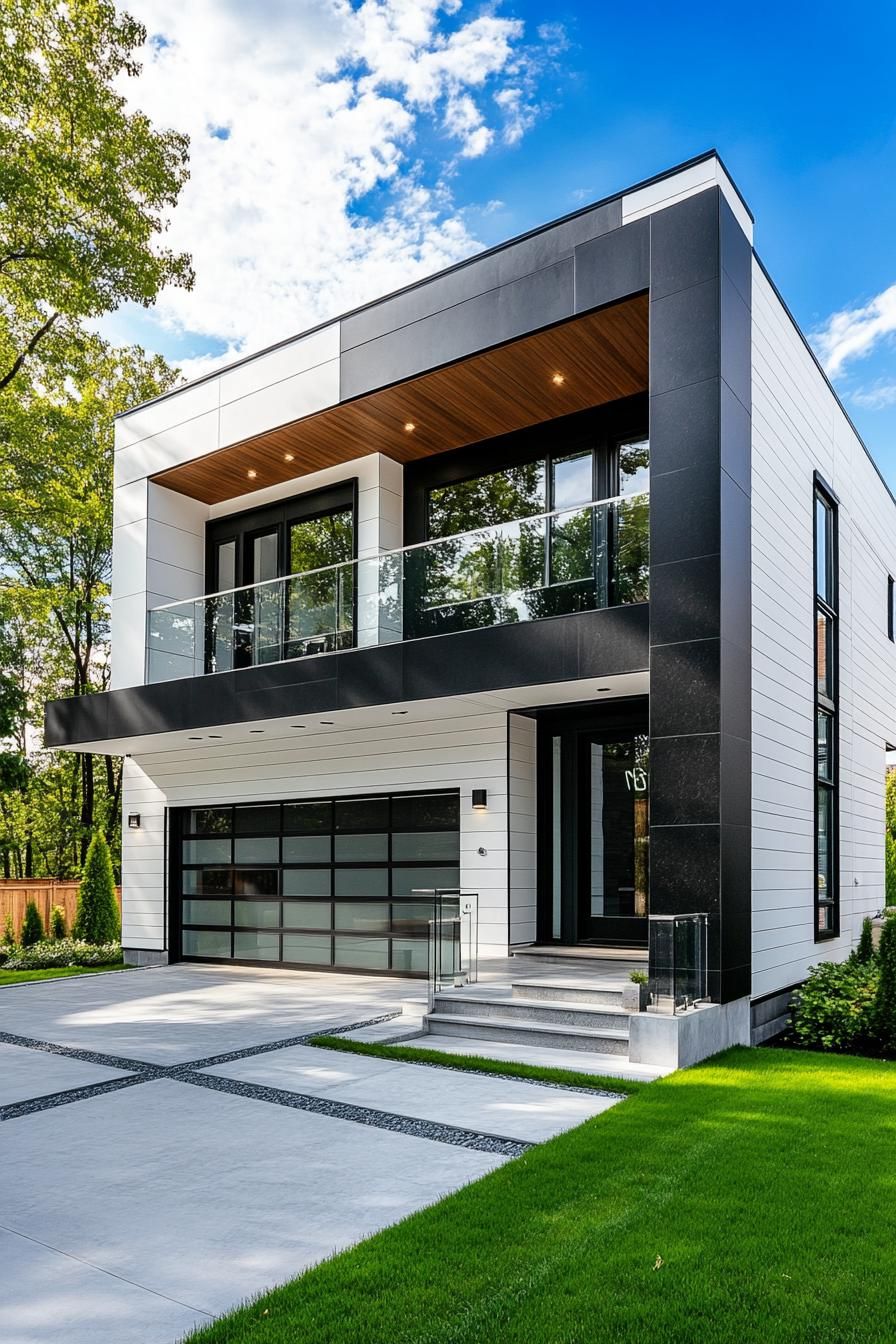 modern villa design with geometric facade white siding with black slate accents large balcony with glass railings garage underneath concrete 2