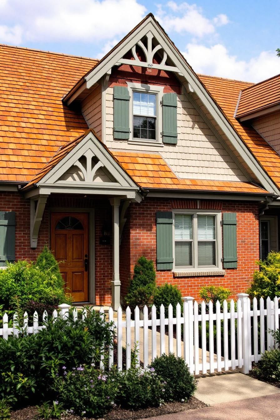 Charming suburban house with brick facade, green shutters, and a white picket fence