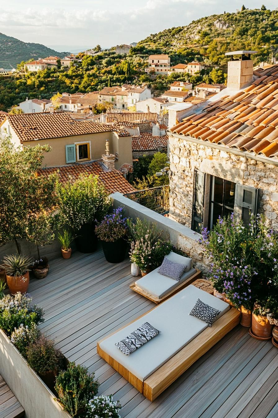 aerial view of a rooftop terrace with wooden deck potted mediterranean plants modern chic garden furniture mediterranean hilly village landscape 2