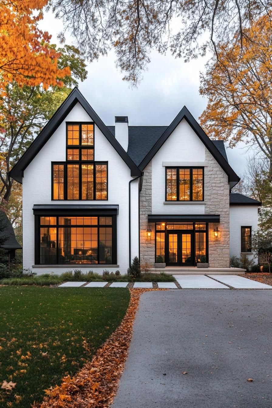 Elegant white house with black trim and autumn leaves