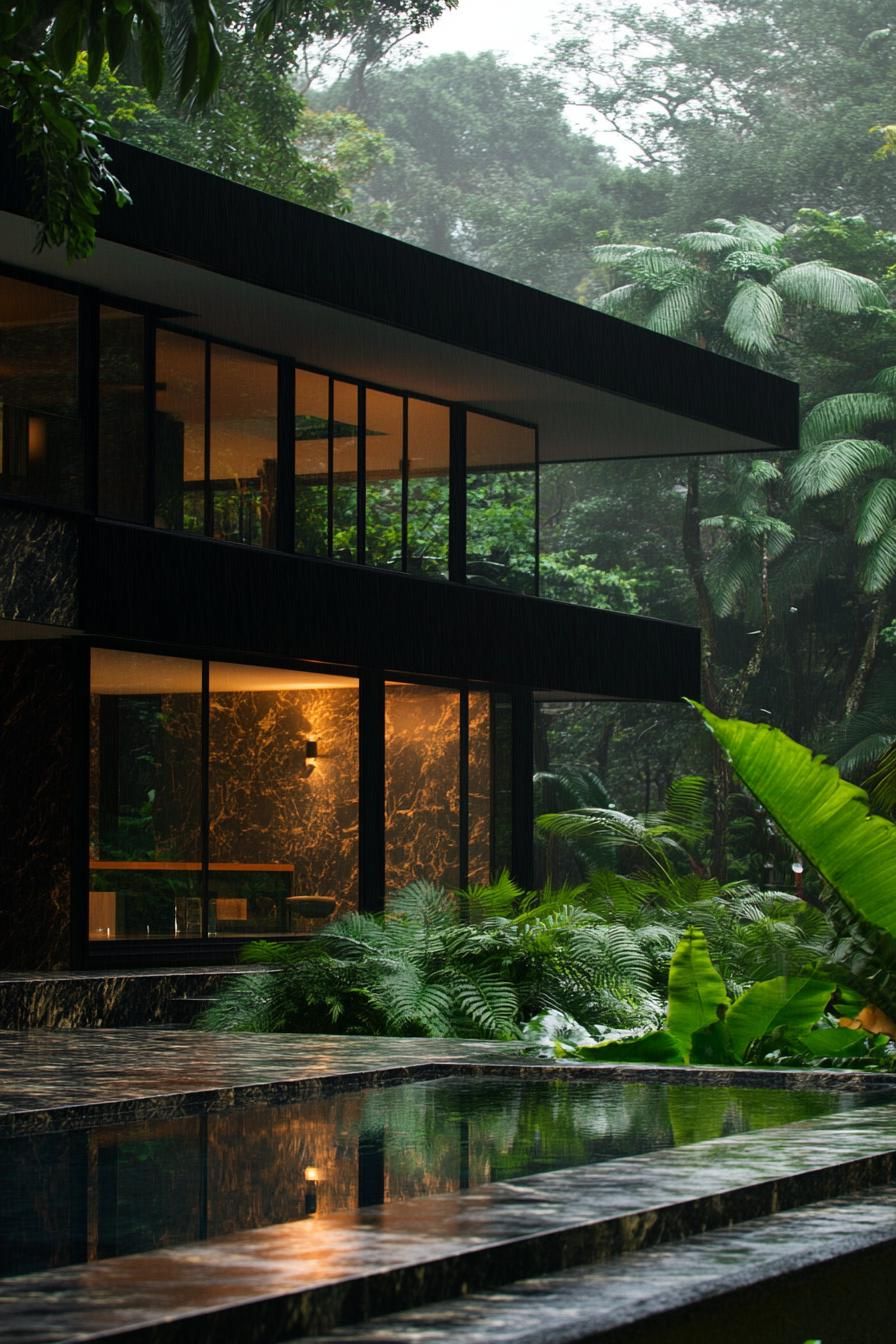 Tropical villa with large glass windows surrounded by lush greenery