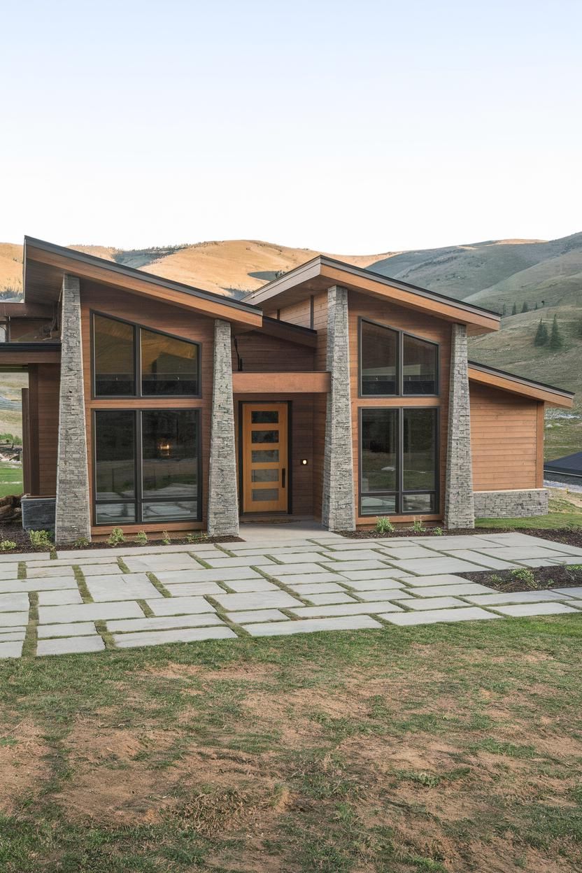 Mountain cabin with steep roof and stone accents