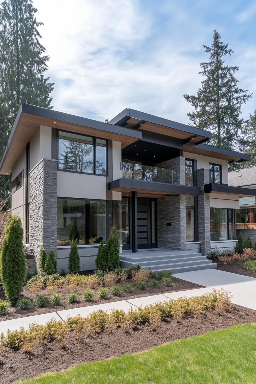 Modern two-story house with stone accents and large windows