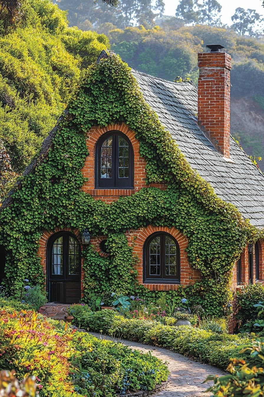 Charming ivy-covered cottage with arched windows and a brick path