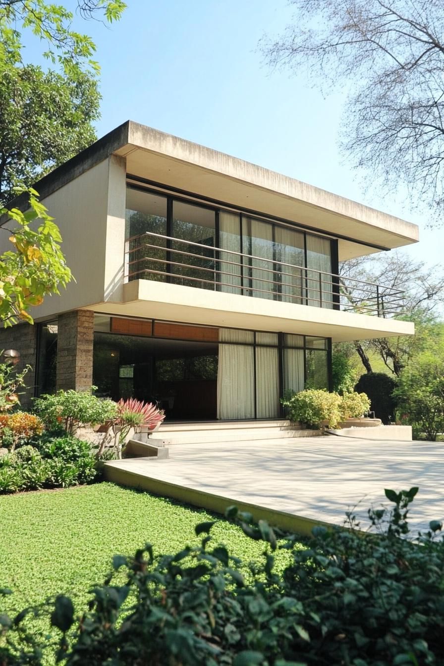 Modern two-story house with large windows and a terrace, surrounded by lush greenery