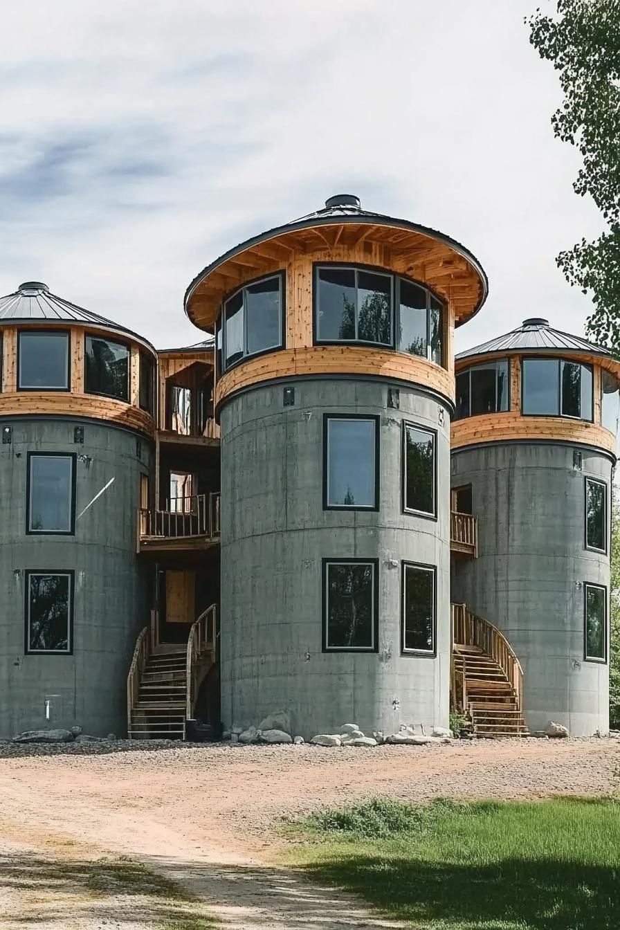 a house built from three grain silos connected with wooden post and beam structure it has modern windows 3