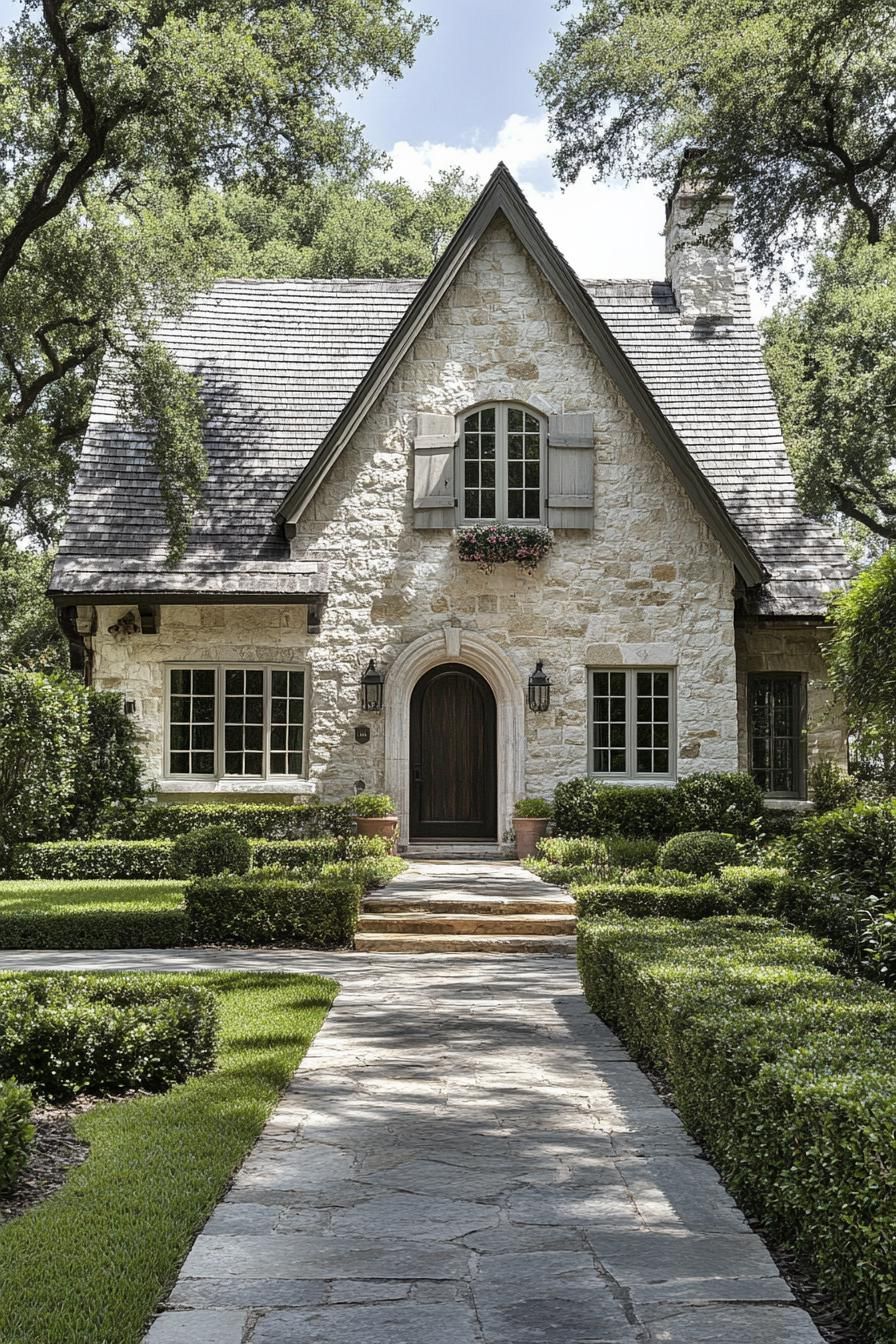 Stone cottage with lush greenery