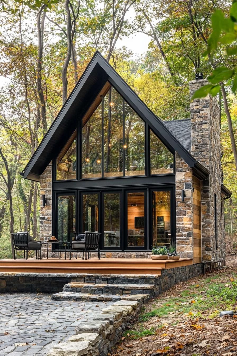 tiny modern luxury 2 story cottage with sloped roof stone siding large modern windows in black trim small wooden deck with steps cobblestone yard 1