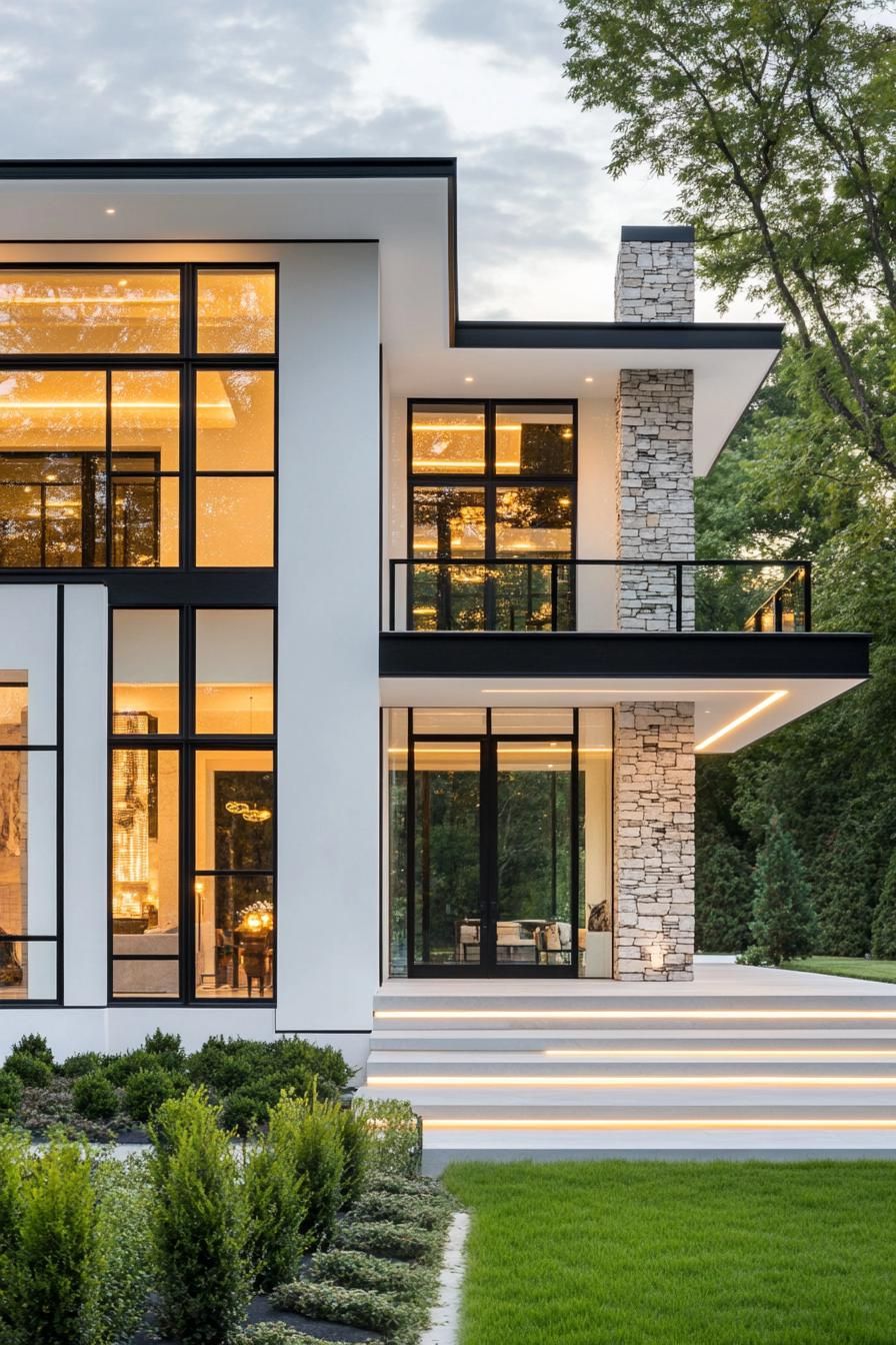 modern villa design with white facade and black trim accent stone mosaic chimney large modern windows with black trim glass front doors balconies 3