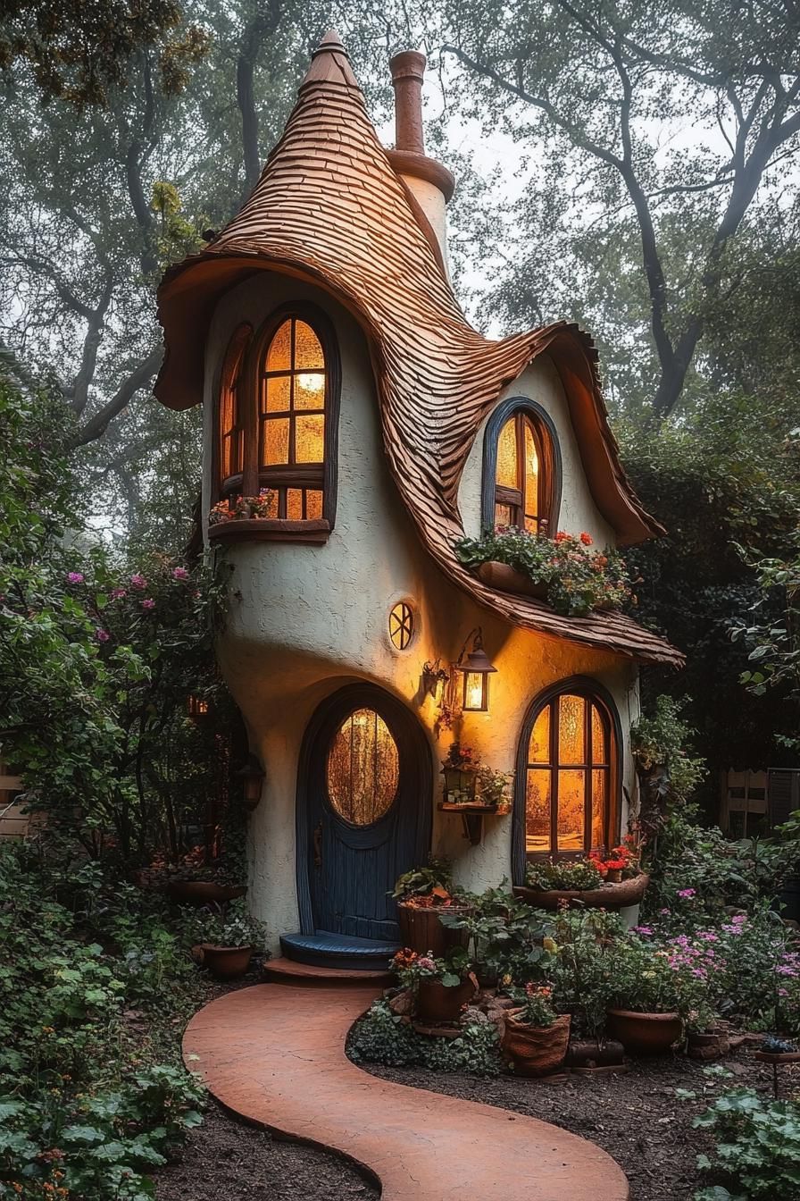 Charming fairytale house with curved roof and glowing windows