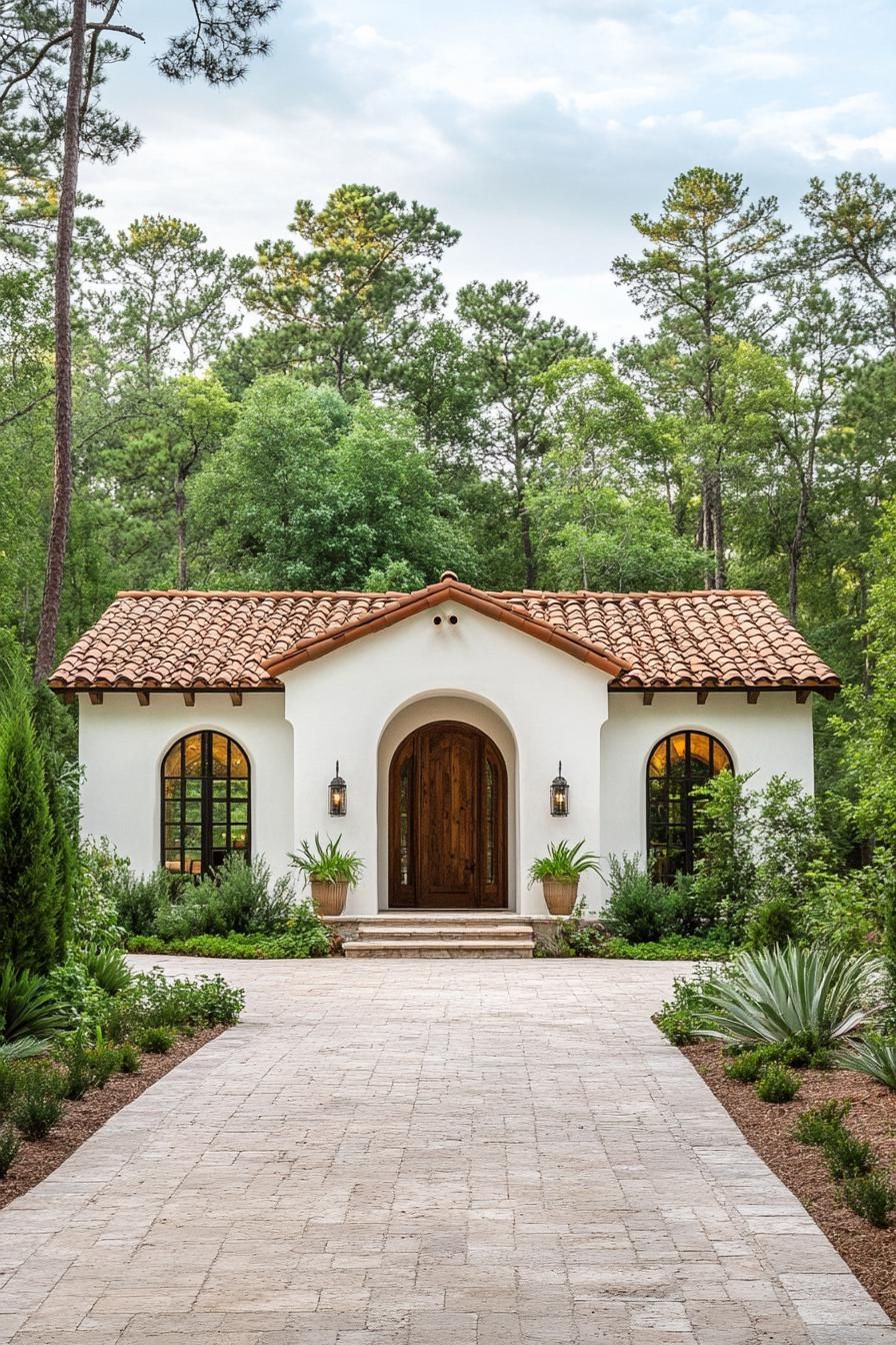 Quaint Spanish bungalow with clay-tiled roof surrounded by lush greenery